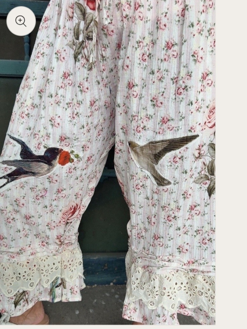 Floral Bird Print Elastic Waist Ruffle Hem Bottoms - Cream Xl New Without Tags - Picture 11 of 12